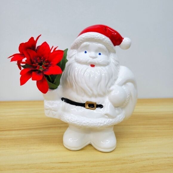 Vintage Christmas Santa Claus Vase with Poinsetta Figurine Coin Bank by Russ - Picture 1 of 15